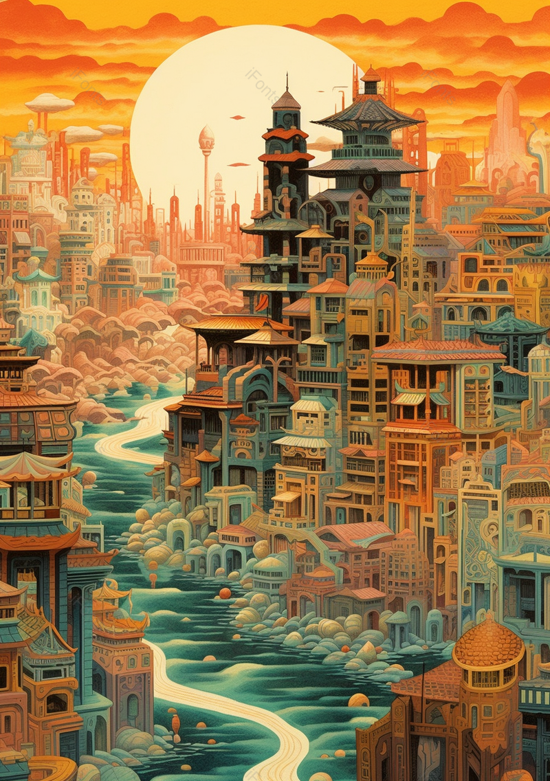 夕阳火烧云城市风光插画,插画/手绘图,插画/手绘图库,插画/手绘图下载,插画/手绘